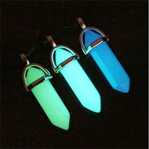 european and american fashion stone fluorescent hexagonal column pendant necklaces natural crystal luminous black bullet stone pendant leath, Silver
